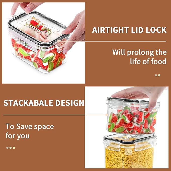 PRAKI Airtight Food Storage Containers Set, 16 Pcs BPA Free Plastic Dry Food Canisters for Kitchen Pantry Organization and Storage Ideal for Cereal, Flour & Sugar - Labels, Marker(Black)