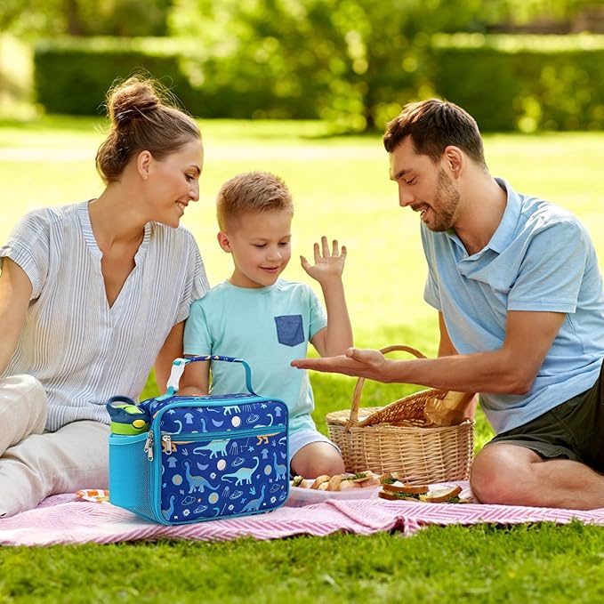 Bagseri Kids Lunch Bag Boys - Insulated Lunch Bag Reusable Leak-Proof Kids Lunch Box for Daycare and School, Blue Space Dinosaur (Water Bottle Not Included)