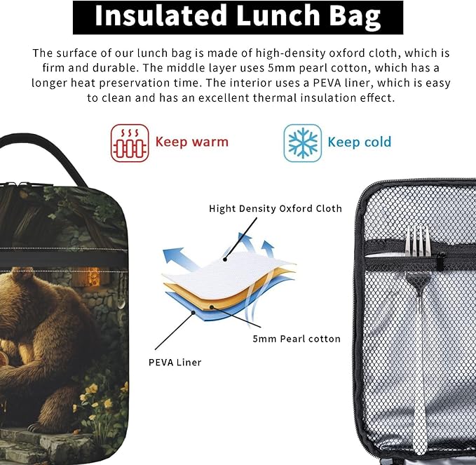 Bear Insulated Lunch Box for Women Men Bear Lunch Bag for Work,Picnic,Travel,Hiking,Beach Polyester
