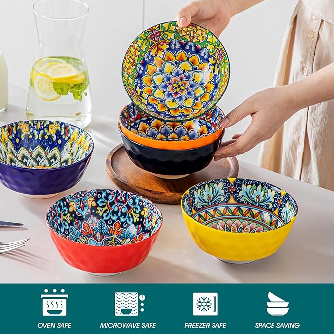 vancasso Cereal Bowls, Ceramic Soup Bowls Set of 6, 26 oz Colorful Bowls Set for Kitchen, Dishwasher & Microwave Safe- for Cereal, Soup, Oatmeal, Ice Cream, Salad, Pasta etc.