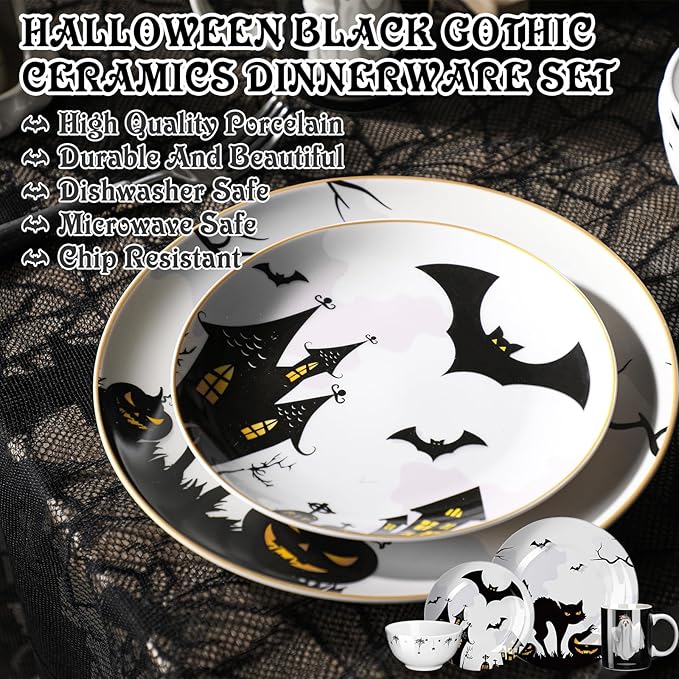 16 Pcs Halloween Dishes Dinnerware Set Serve 4 Guest Vintage Halloween Dinner Plates Ceramic Spooky Serving Dishes Haunted House Gifts Dessert Plate Bowl Mug for Holiday Kitchen Decoration