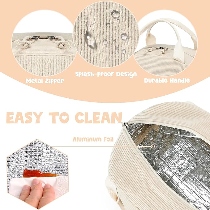 Bluboon Lunch Bag for Women Men Cute Corduroy Lunch Tote Bags Reusable Insulated Lunch Box Large Capacity Reusable Insulated Cooler for Work Picnic or Travel