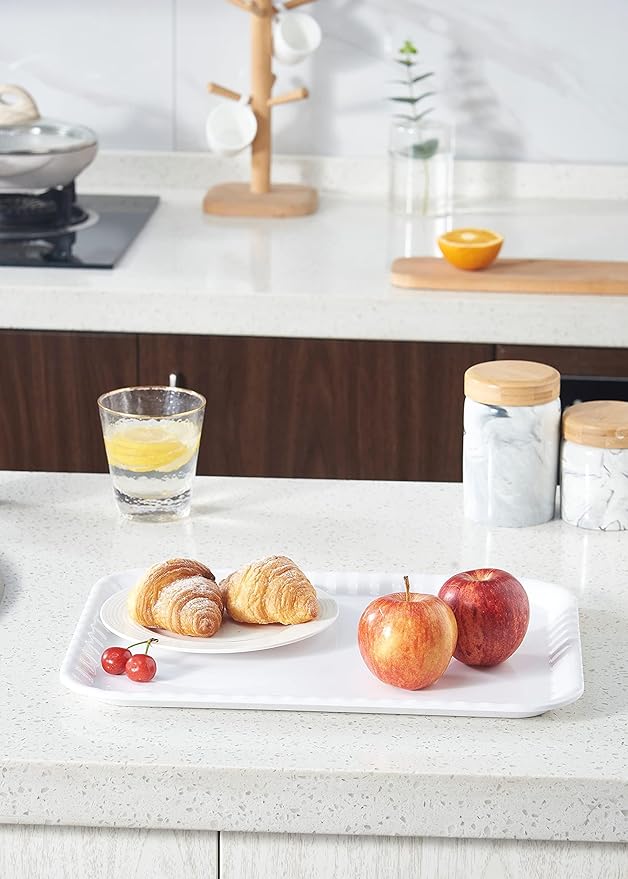 Blue Boat 17" x 12" Rectangular Serving Trays Set Set of 4 White, Melamine Serving Platter, Light Weight Easy to Clean Sturdy Stackable BPA-Free Dishwasher Safe