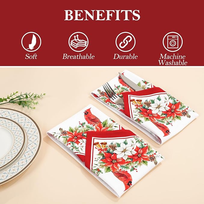 Christmas Cardinal Napkins, 18×18 Inch Floral Dinner Cloth Napkins Set of 4, Washable Cotton Soft Absorbent Square Napkins for Dining Kitchen Party Wedding Decoration