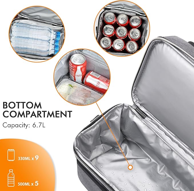Tirrinia Reusable Lunch Box for Men Women, Insulated Lunch Bag Adult Work, Double Decker Leakproof Lunchbox for Office Picnic Beach—Dual Compartment Lunch Cooler Bag,Grey