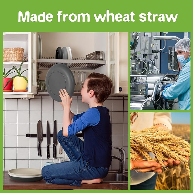 Teivio 32-Piece Kitchen Plastic Wheat Straw Dinnerware Set, Service for 8, Dinner Plates, Dessert Plate, Cereal Bowls, Cups, Unbreakable Colorful Plastic Outdoor Camping Dishes, Stone