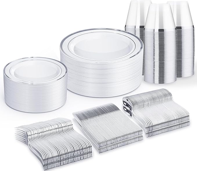 WELLIFE 300 PCS Silver Dinnerware Set for 50 Guests, Silver Plastic Disposable Plates for Party, 50 Dinner Plates, 50 Salad Plates, 50 Cups Forks Knives Spoons for Wedding and Party Anniversary