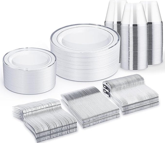 WELLIFE 300 PCS Silver Dinnerware Set for 50 Guests, Silver Plastic Disposable Plates for Party, 50 Dinner Plates, 50 Salad Plates, 50 Cups Forks Knives Spoons for Wedding and Party Anniversary