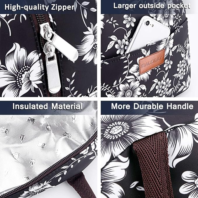 BALORAY Lunch Bag for Women Men Insulated Lunch Box for Adult Reusable Lunch Tote Bag for Work, Picnic or Travel (White Flower)