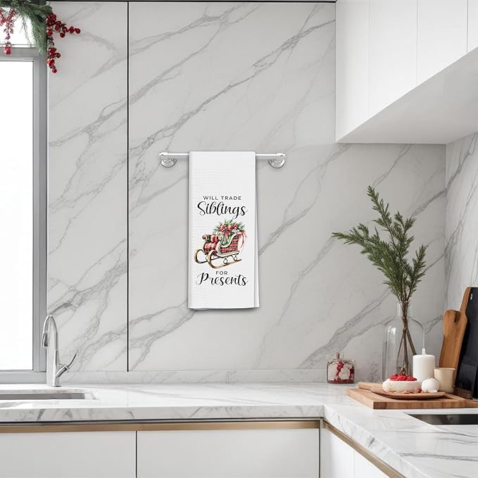 Red and Black Plaid Christmas Kitchen Towels, Winter Xmas Dish Tea Towels for Kitchen, Holiday Retro Christmas Sleigh Decorative Hand Towel for Bathroom, 16x24 Inch