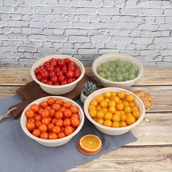 40 oz Disposable salad bowls with lids,Sugarcane Paper Bowls take away food containers Plant Fibers Freezer Safe 25 Pack