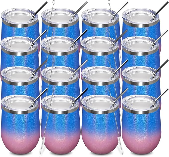 MEWAY 12oz/16 Pack Wine Tumbler Glasses with Lid - Stemless Double Wall Vacuum Stainless Steel Glitter Tumbler - Keeping Cold & Hot Cup for Coffee,for Women(Gradient Pink,Set of 16)
