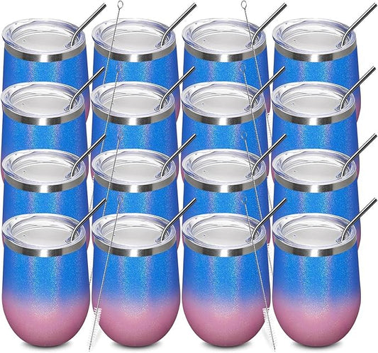 MEWAY 12oz/16 Pack Wine Tumbler Glasses with Lid - Stemless Double Wall Vacuum Stainless Steel Glitter Tumbler - Keeping Cold & Hot Cup for Coffee,for Women(Gradient Pink,Set of 16)