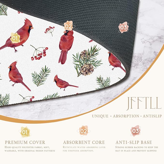 Winter Christmas Red Cardinal Dish Drying Mat, Cardinal Lovers Gifts, Berry Xmas Pine Branch Absorbent Dish Drainer Reusable Washable Drying Mat Pad for Kitchen Counter, 12×15 Inch