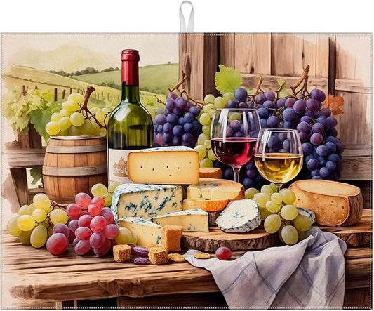 Vintage Red Wine Grape Dish Drying Mat for Kitchen Counter Drying Pad Absorbent Reversible Dish Drainer Rack Mats Draining Pad 18"x24"Inch