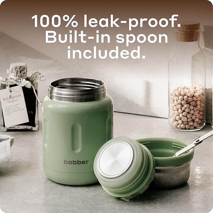 BOBBER 24 oz Insulated Stainless Steel Thermos for Hot Food, Extra-Wide Mouth Soup Container with Spoon and Bowl - Keeps Rice and Pasta Hot for 14 Hours and Salads Cold for 20 Hours (Green)