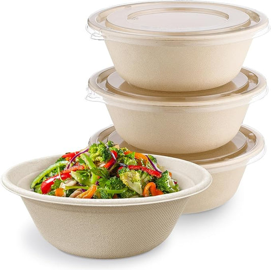 [500 COUNT]Harvest Pack PFAS FREE 48oz Round Compostable Paper Bowls with Flat Lids - Heavy-Duty Eco-Friendly Disposable Bagasse Large Soup Bowls Sugarcane made plant fibers for Meal Prep