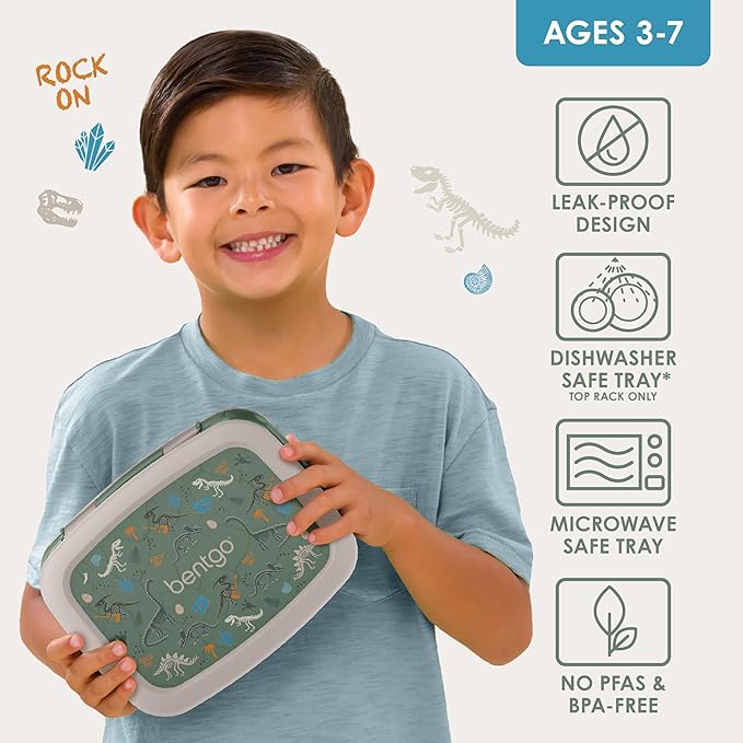 Bentgo Kids Prints Leak-Proof, 5-Compartment Bento-Style Kids Lunch Box - Ideal Portion Sizes for Ages 3-7, Durable, Drop-Proof, Dishwasher Safe, & PFAS & BPA-Free Materials (Dino Fossils)