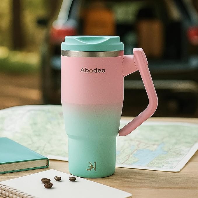 Travel Coffee Tumbler 40 oz - Iced Coffee Mug with Straw and Leakproof Lid, Insulated Stainless Steel Tumbler with Rotatable Handle - Fits Most Car Cup Holders (Green & Pink)