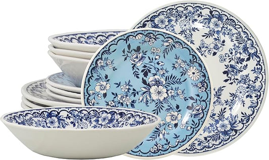 TUDOR ROYAL 12-Piece Porcelain Round Dinnerware Set, Service for 4, MING FLOWER Design, Blue Floral, Plates Bowls Dishes, Premium Quality Tableware, Unique Pattern, Glossy