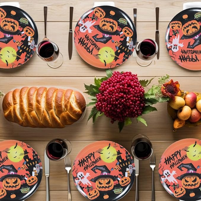 10-Inch Halloween Melamine Dinner Plates, 12-Piece Dishes Set, Lightweight & Stackable for Holidays& Decor‌ Party plates, Ideal for Salad,Dessert,Fruit and Cakes-Halloween Pattern