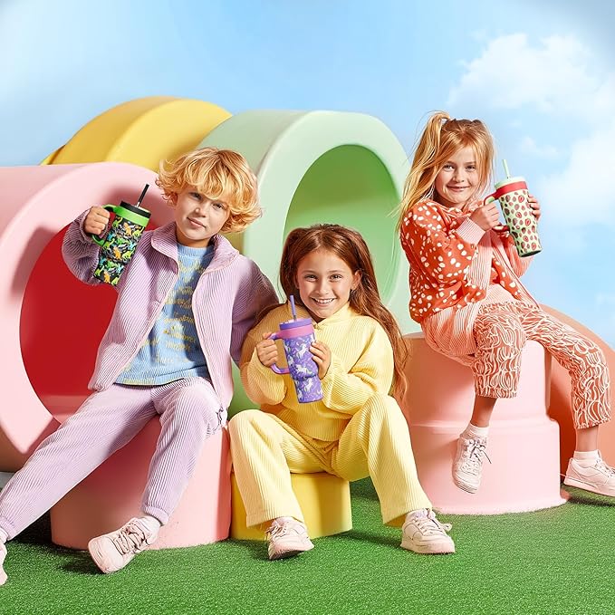 24 oz Stainless Steel Tumbler for Children: Durable Handle, Easy to Clean, Straw Gulp Lid, Car Cup Holder Friendly, Insulated Cup for Sport, Hiking, Carry, Adventures, Bag, Classroom (Space Rocket)