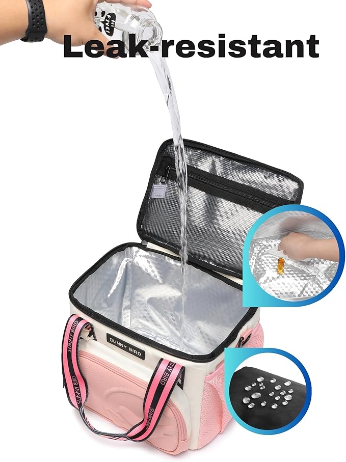 SUNNY BIRD 12L Large Insulated Lunch Bag, Leakproof and Foldable Lunch Cooler Box for Women Adult and Men, Fits 18 Cans (White and pink)