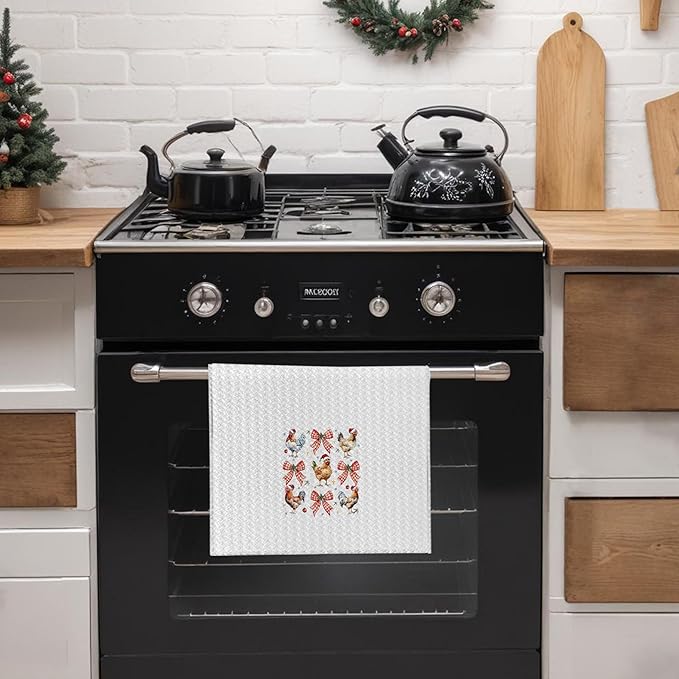 Red Plaid Bow Christmas Chicken Kitchen Towels, Chicken Lover Mom Lady Gifts Dish Tea Towels for Kitchen, Christmas Farm Hen Rooster Decorative Hand Towel for Bathroom, 16x24 Inch