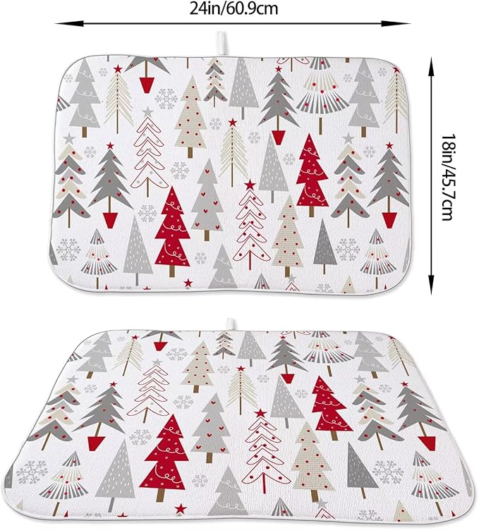 Christmas Decor Dish Drying Mat 18 x 24 inch Geometric Colorful Christmas Tree Pine Trees Decorative Drying Mats Microfiber Absorbent Dish Washable Draining Mat for Kitchen Counter