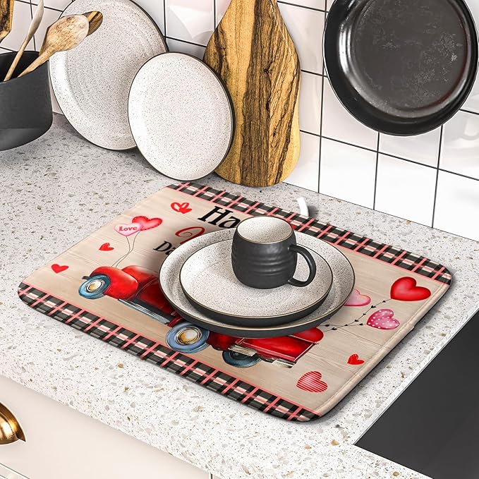 Valentine's Day Truck Dish Drying Mat 16x18 inch Love Heart Washable Absorbent Dishes Pad Dish Drainer Mat for Kitchen Counter Sink Coffee