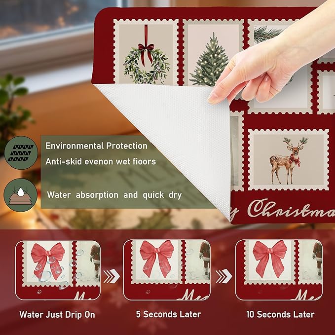 Vintage Red Christmas Dish Drying Mat, Christmas Tree Santa Reindeer Disco Coffee Bar Mat for Countertops, Merry Xmas Absorbent Dish Drying Mats for Kitchen Counter Coffee Maker, 16x24 Inch