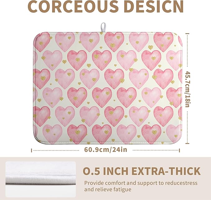 Valentines Dish Drying Mat Valentine Dishes Drying Pad Pink Golden Heart Love Absorbent Dish Dryer Matt for Kitchen Countertops Microfiber 18x24 Inches
