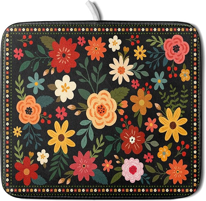 Boho Floral Dish Drying Mat 16x18 Inch Colorful Flower Dishes Dry Mats Absorbent Washable Drainer Rack Pad Protective Kitchen Counter Decor