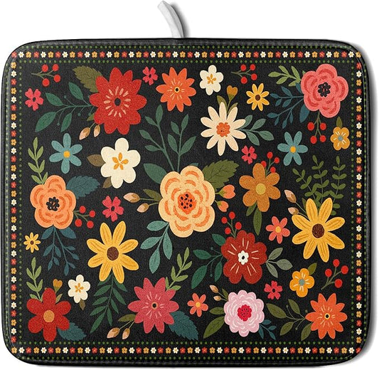 Boho Floral Dish Drying Mat 16x18 Inch Colorful Flower Dishes Dry Mats Absorbent Washable Drainer Rack Pad Protective Kitchen Counter Decor
