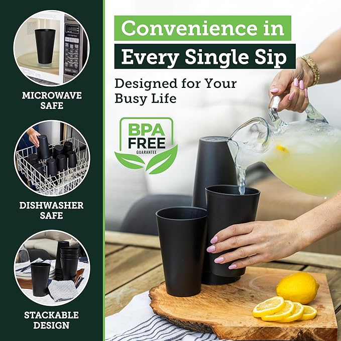 Grow Forward Premium Wheat Straw Cups - 20 oz Unbreakable BPA Free Hard Plastic Cups - Reusable Lightweight Plastic Drinking Glasses for Kitchen, Outdoor, Water, Camping, RV - Midnight