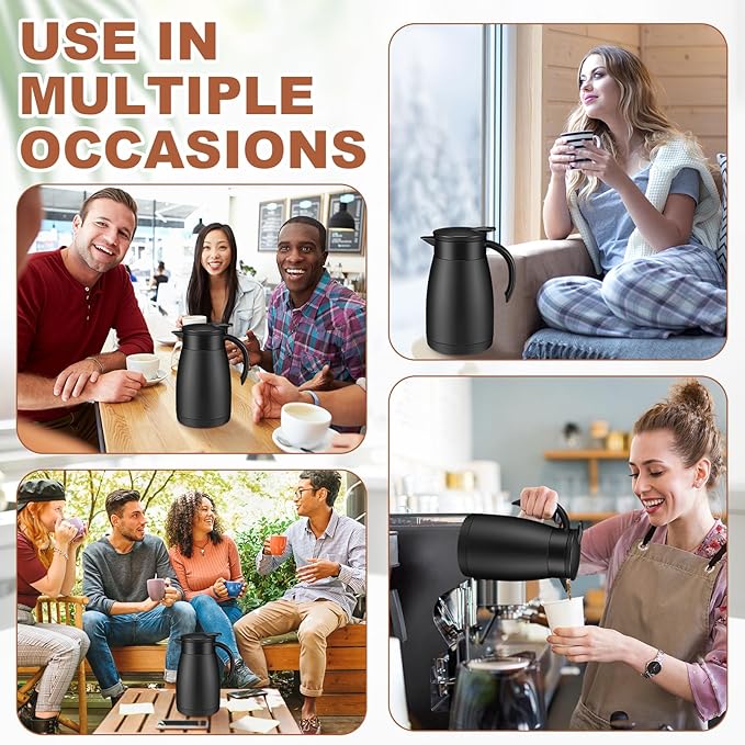 Uiifan 2 Pcs Thermal Coffee Carafe Insulated Stainless Steel Coffee Carafes for Keeping Hot and Cold Double Walled Vacuum Thermal Pot Flask with Brush for Water Milk Tea Home and Office(Black,25oz)