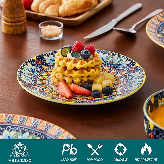 vancasso 12 Pieces Dinnerware Sets, Yellow Plates and Bowls Set, Porcelain Dishes Set for 4, Microwave and Dishwasher Safe, Scratch Resistant, Bohemian Style Dining Ware Service for 4, Series SIMI