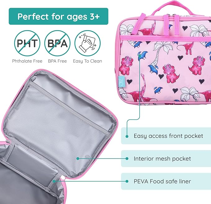 Wildkin JumpOff Jo Insulated Lunch Box – Durable, Reusable for Kids – Pink Dino