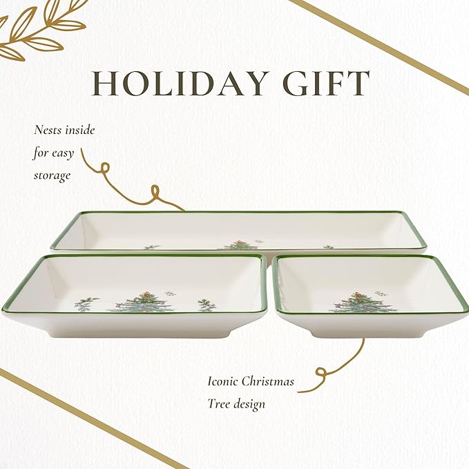Spode Christmas Tree 3-Piece Dessert Trays, Serveware - Holiday Dinnerware & Decorative Tray, Holiday Winter Serving for All Parties & Occasions - for Snacks, Appetizers, Cookies