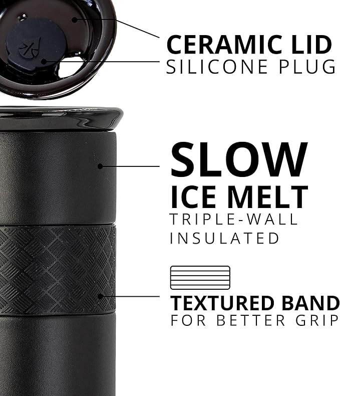 Elemental Artisan Insulated Tumbler, Triple Wall Coffee Travel Mug, Reusable Stainless Steel Coffee Tumbler with Ceramic Lid, Thermal Coffee Cups for Hot (6 Hrs) & Cold (18 Hrs), 16oz - Black