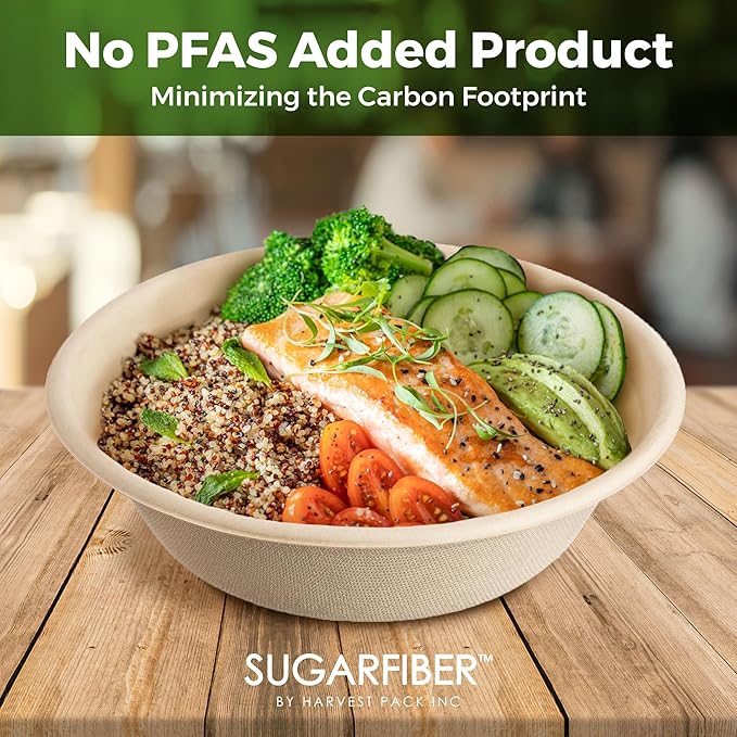 [500 COUNT]Harvest Pack PFAS FREE 32oz Compostable Round Paper Bowls with Dome Lids - Heavy-Duty Eco-Friendly Disposable Bagasse Salad Bowl Sugarcane made plant fibers for Meal Prep