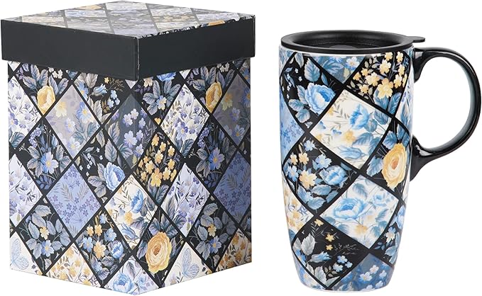 Topadorn Ceramic Mug Porcelain Latte Tea Cup Coffee Mug with Gift Box 17oz.Plaid Flower