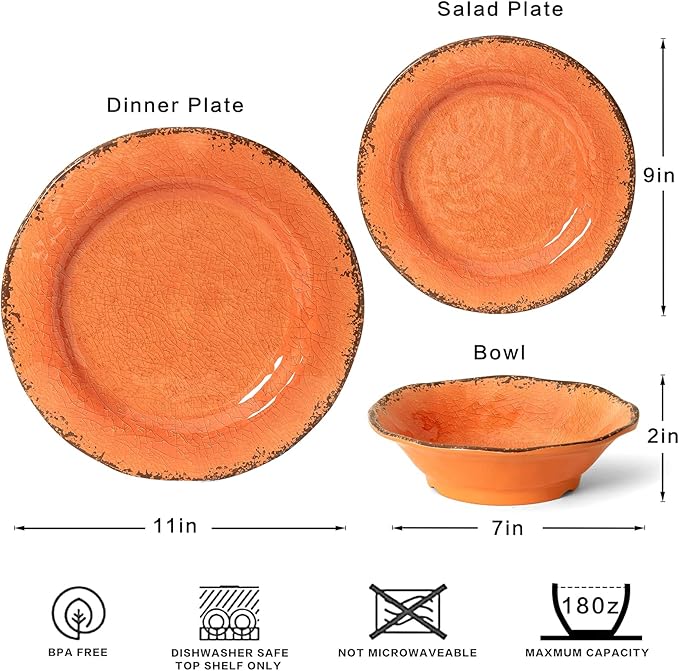 LEHAHA 12 Piece Crackle Lightweight Melamine Dinnerware Set-Service for 4, break-resistant and Durable Rustic Plates and Bowls Dishware Sets Perfect for Patio and Outdoor Activities