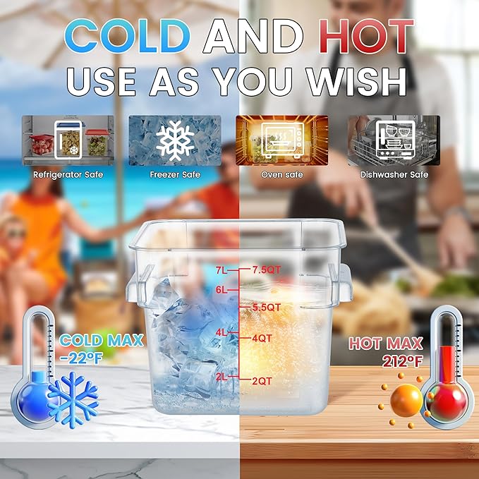 4 Pack Clear Food Storage Containers with Lids and Handles Polycarbonate Square Commercial Food Containers, NSF (8Qt)