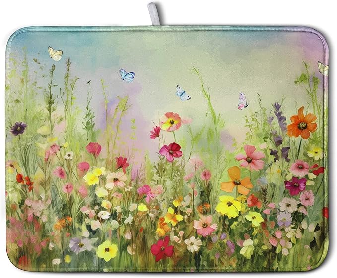 Spring Floral Dish Drying Mat for Kitchen Counter 18x24 Inch Sage Green Wild Flowers Drying Mats Spring Summer Plant Microfiber Absorbent Large Dish Rack Pad for Coffee Bar Sinks Home Accessories