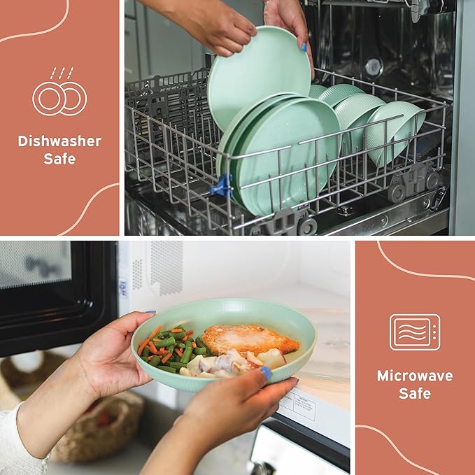 Wheat Straw Dinnerware Sets for 6, Microwave and Dishwasher Safe, Reusable and Durable, Unbreakable Cups, Plates and Bowls Sets, Lightweight Dishes for Kitchen, RV, Camping, Kids, 18-piece Sage