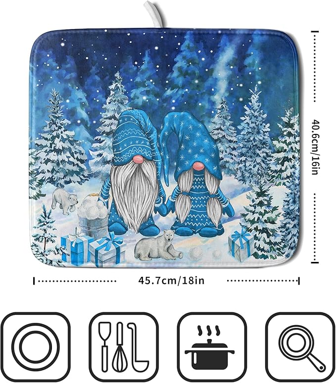 Winter Blue Gnome Dish Drying Mat for Kitchen Counter Pine Tree Microfiber Dish Pad Absorbent Reversible Fast Dry Draining Mats 16x18 Inch