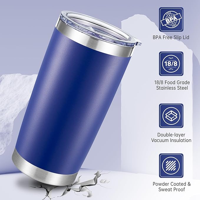20 oz Tumblers Bulk Stainless Steel Tumbler with Lid Double Wall Vacuum Insulated Coffee Mug 20oz Powder Coated Cup for Hot and Cold Drinks, Blue, 6 pack