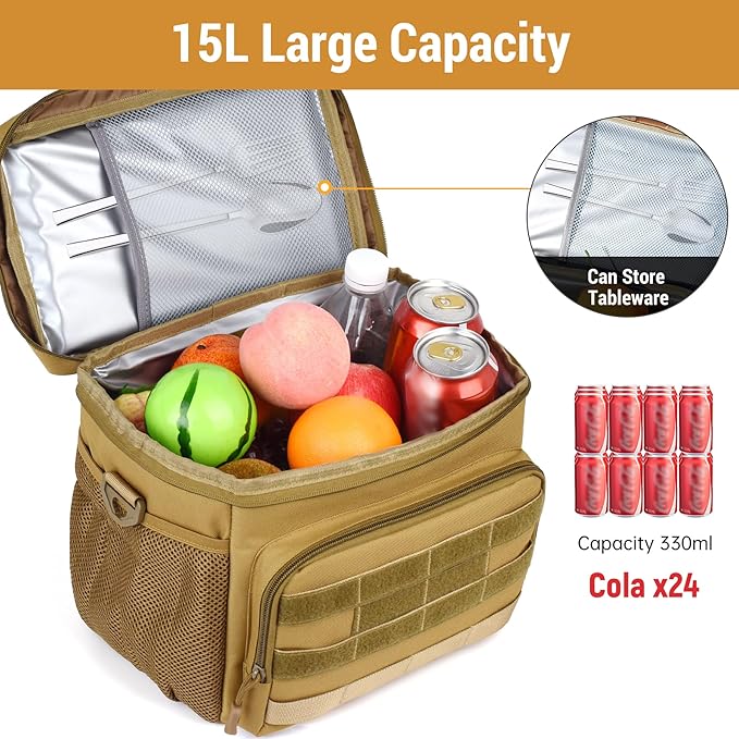 Tactical Lunch Box for Men, Insulated Lunchbox Waterproof Leakproof Cooler Lunch Bag for Work Outdoor Picnic, 24 Cans/15 L, Khaki