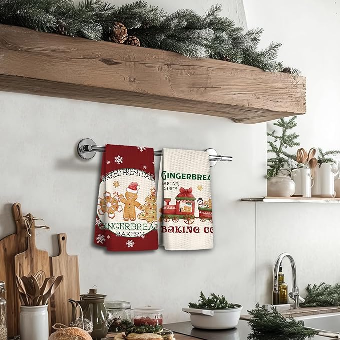 Christmas Gingerbread Kitchen Towels Set of 2,Gingerbread Christmas Decors,Christmas Dish Towels for Kitchen,Christmas Hand Towels for Bathroom,Gifts for Women,Housewarming Gifts 16×24 Inches